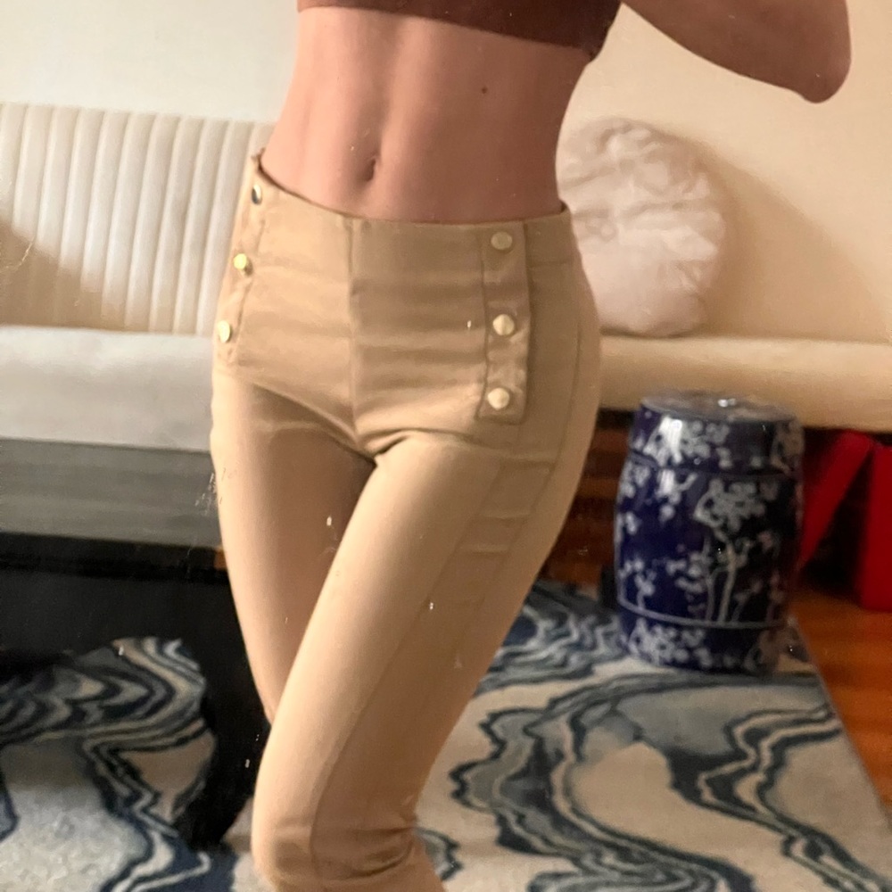 Zara 24” Beige Tan Pants with Gold Buttons | Ankle Trousers for Suiting